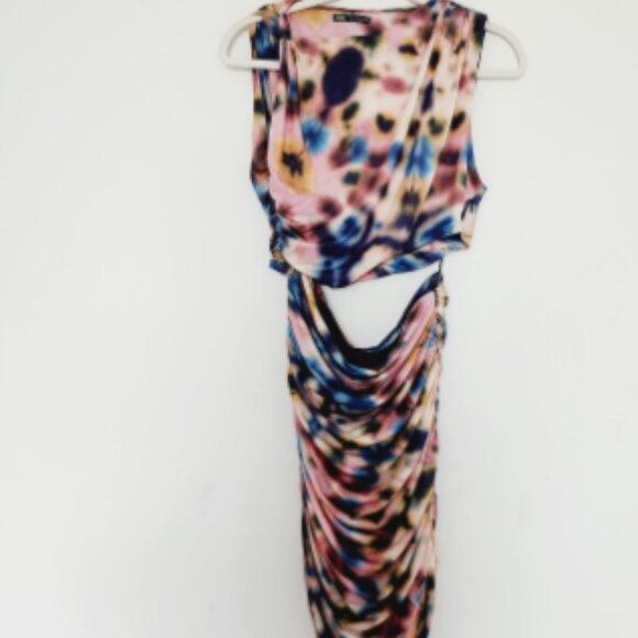 Zara Tan Pink & Blue Watercolor Tie Dye Cut Out Bodycon Mini Dress Size XS - Picture 3 of 3